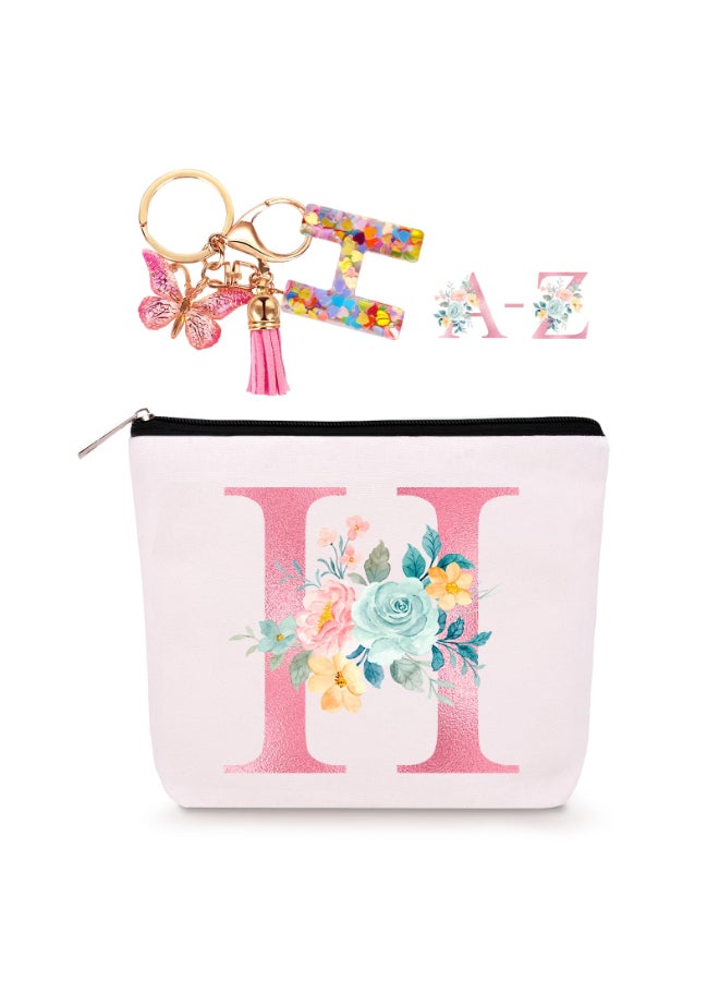 Lingdeer Personalized Makeup Bag with Initial Keychain Custom Initial Monogram Small Travel Cosmetic Toiletry Bag Birthday Gifts for Women Bridesmaid Teacher H - Image 2