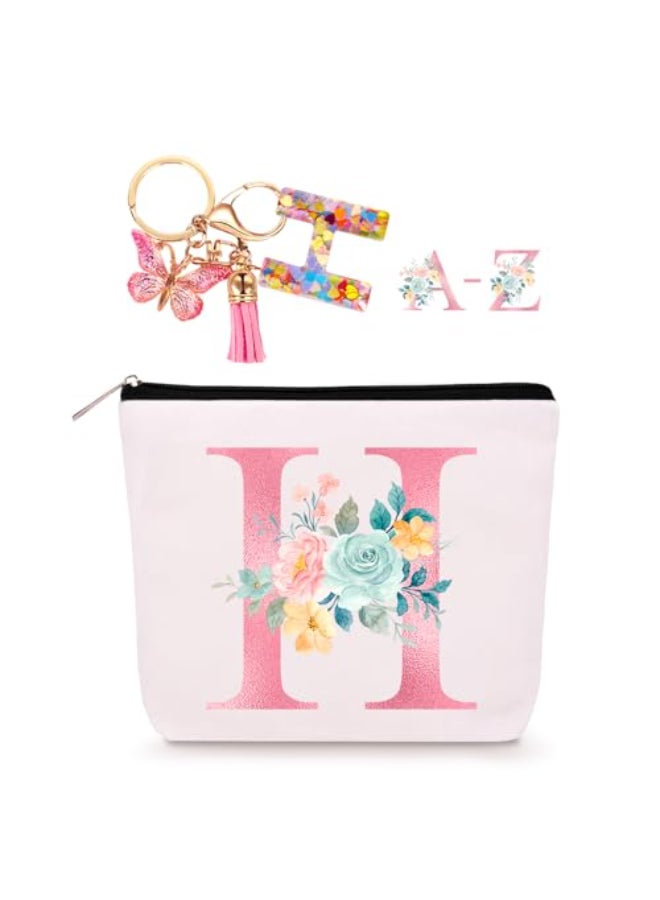 Lingdeer Personalized Makeup Bag with Initial Keychain Custom Initial Monogram Small Travel Cosmetic Toiletry Bag Birthday Gifts for Women Bridesmaid Teacher H - Image 1