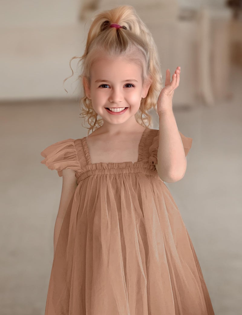 ANHDM Baby Girl First Birthday Outfit Cake Smash Short Sleeve Tulle Dresses 1st Birthday Dress with Flower Headband, Brown, 12 Months=Tag 90 - Image 2