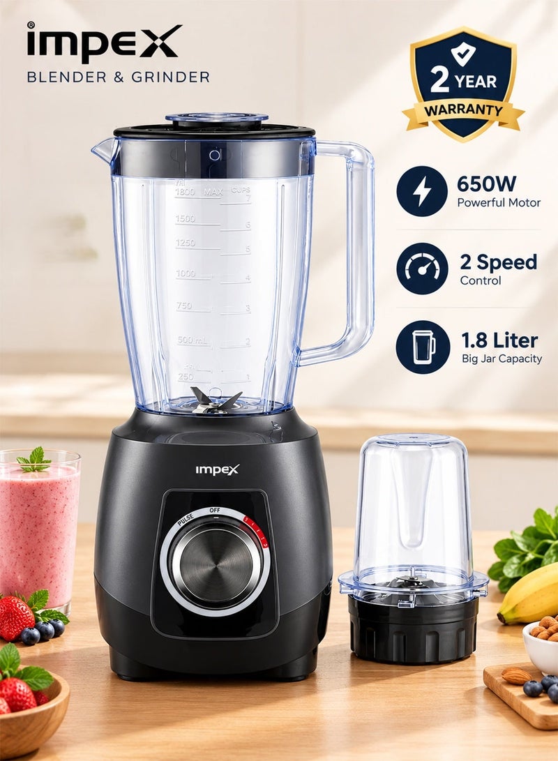 Impex 2 in 1 Blender Mixer Grinder |2 Speed with Pulse Control |4 Piece Stainless Steel Blade |1.4L PS Jar with Grinder |Motor Overheat Protector |Copper Brush Base 1.8 L 650 W BL 3501A Black - Image 1
