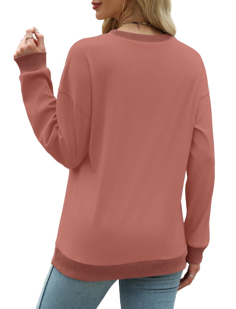 Saloogoe Long Sleeve Tops for Women Trendy Loose Fit Sweatshirts Comfy Shirts for Ladies Coral XL - Image 4