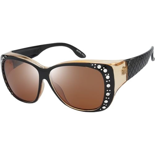 The Fresh Fit Over Glasses Rhinestone Polarized Sunglasses for Women FR1F5610 - Leather Eyeglasses Case (F5610P02 Crystal Brown, Brown) - Image 1