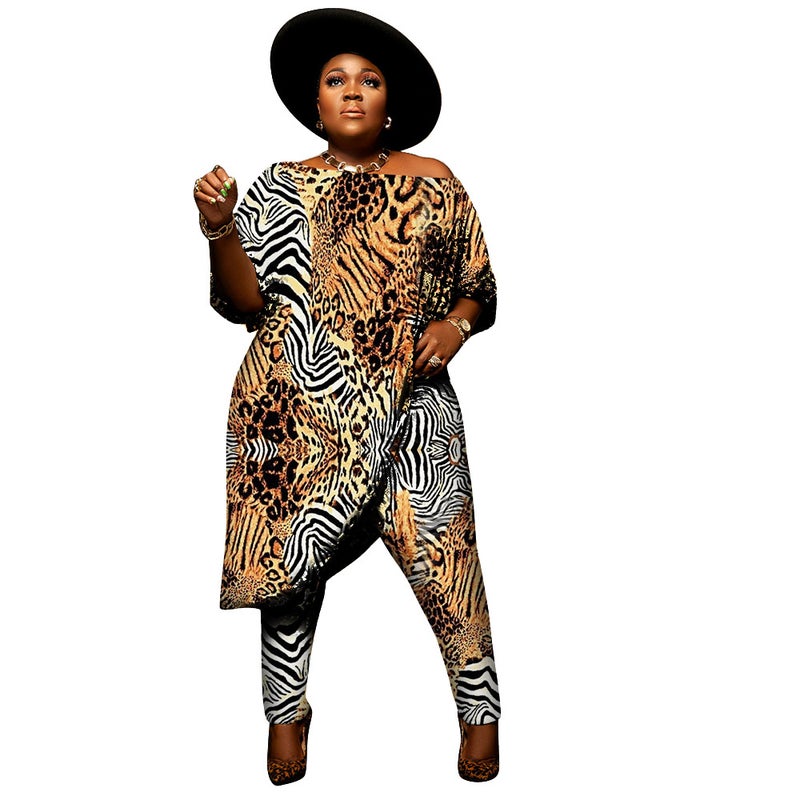 2021 European and American cross-border Amazon Fashion womens clothing off-shoulder elegant sexy off-shoulder printing plus size two-piece set Tiger pattern  - Image 1