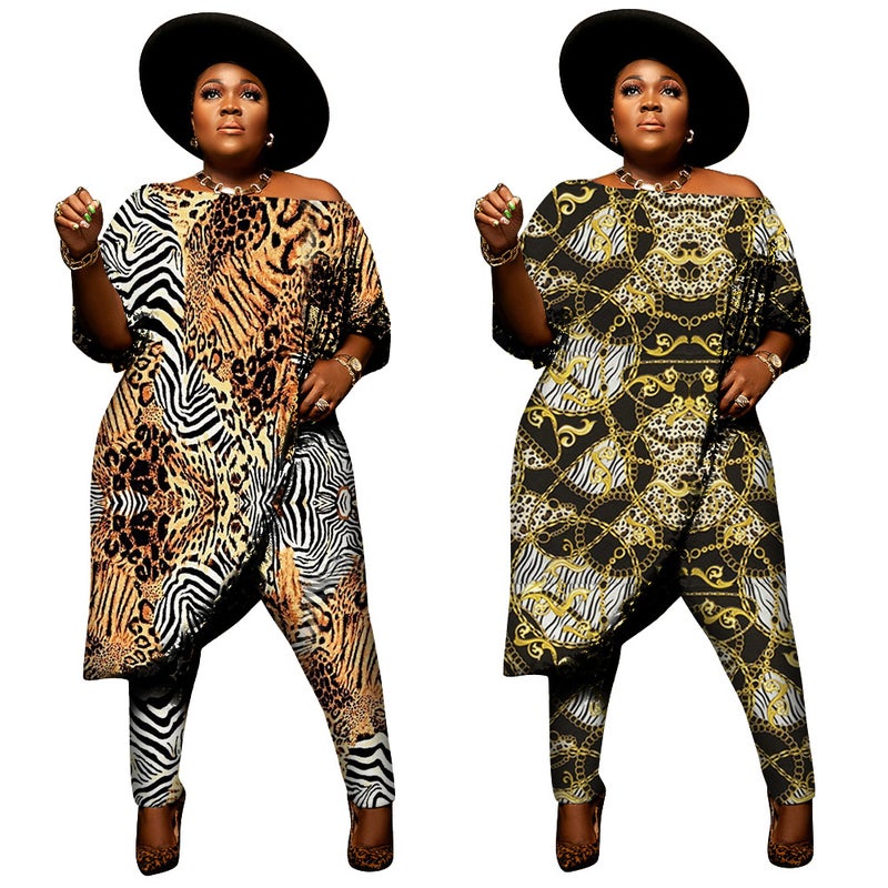 2021 European and American cross-border Amazon Fashion womens clothing off-shoulder elegant sexy off-shoulder printing plus size two-piece set Tiger pattern  - Image 5