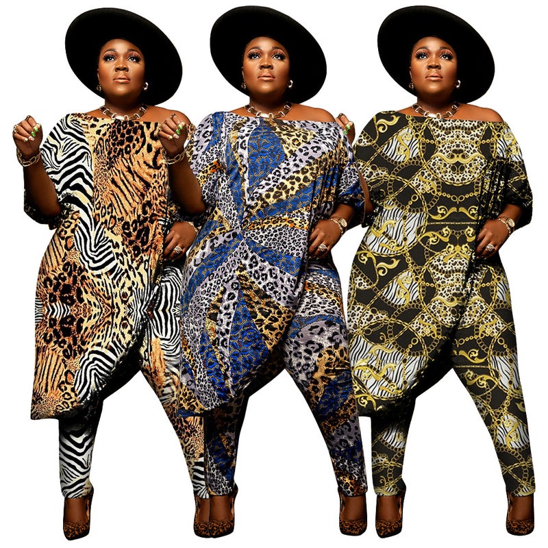 2021 European and American cross-border Amazon Fashion womens clothing off-shoulder elegant sexy off-shoulder printing plus size two-piece set Tiger pattern  - Image 4