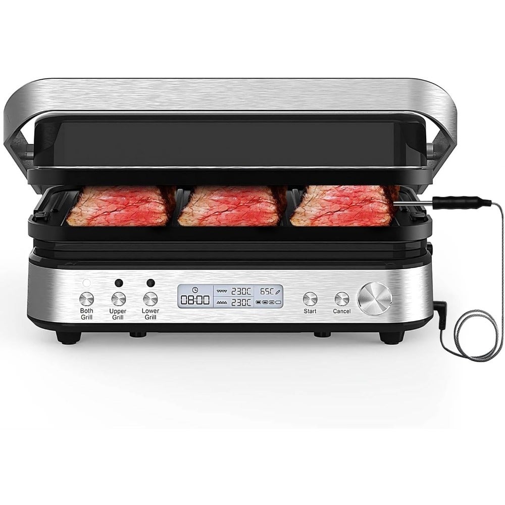 5 in 1 Indoor Grill Electric Contact Grill and Griddle Panini Press Sandwich Maker with Meat Thermometer LCD Display Stainless Steel Body Healthy Ceramic Nonstick Surface 2000W