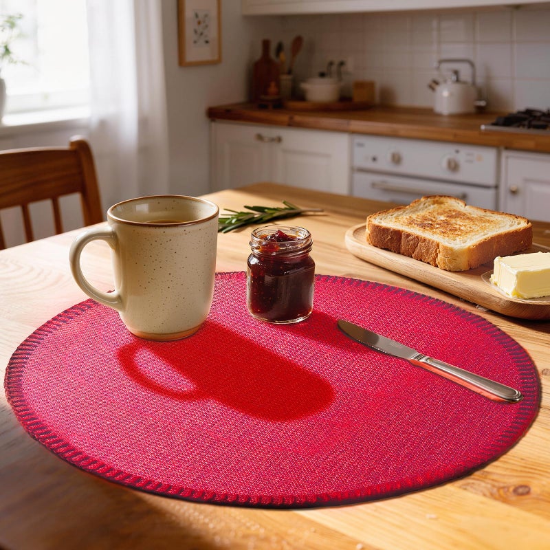 Rinpon Round Placemats Set of 8 - Machine Washable Linen-Like Cloth Place Mats & Heat-Resistant for Dining Table - Ideal for Family Meals, Daily Use, and Holiday Gatherings (Red) - Image 1