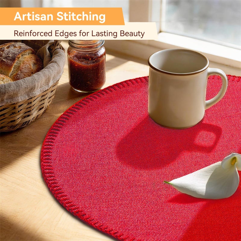 Rinpon Round Placemats Set of 8 - Machine Washable Linen-Like Cloth Place Mats & Heat-Resistant for Dining Table - Ideal for Family Meals, Daily Use, and Holiday Gatherings (Red) - Image 4