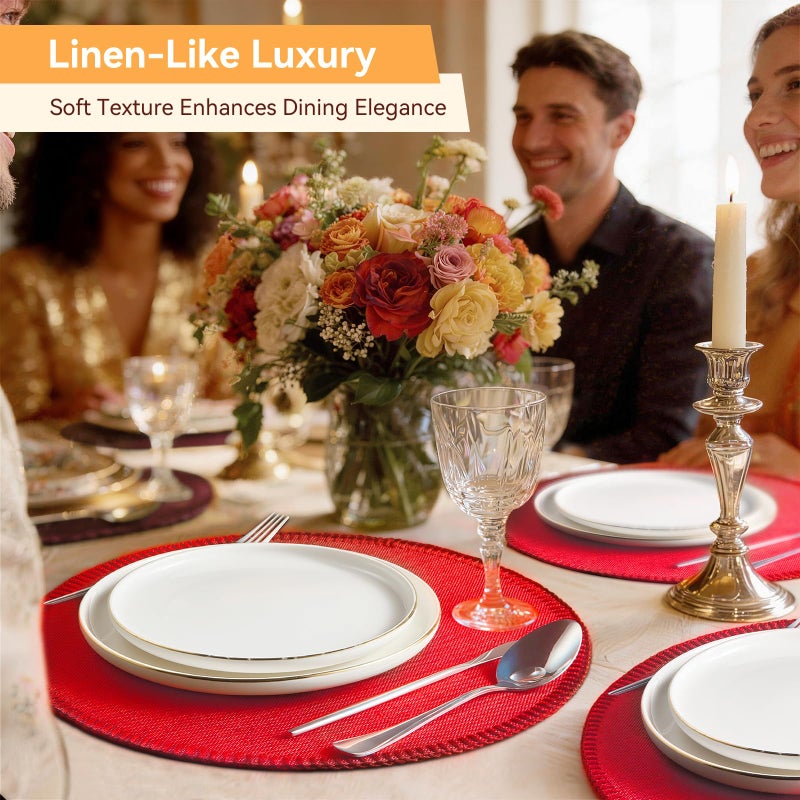 Rinpon Round Placemats Set of 8 - Machine Washable Linen-Like Cloth Place Mats & Heat-Resistant for Dining Table - Ideal for Family Meals, Daily Use, and Holiday Gatherings (Red) - Image 3