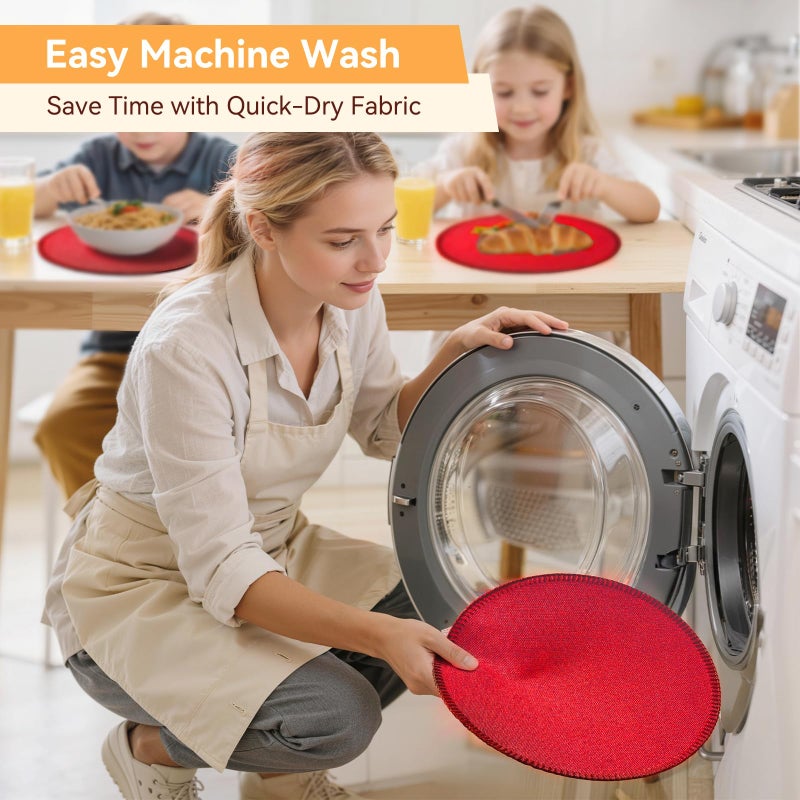 Rinpon Round Placemats Set of 8 - Machine Washable Linen-Like Cloth Place Mats & Heat-Resistant for Dining Table - Ideal for Family Meals, Daily Use, and Holiday Gatherings (Red) - Image 2