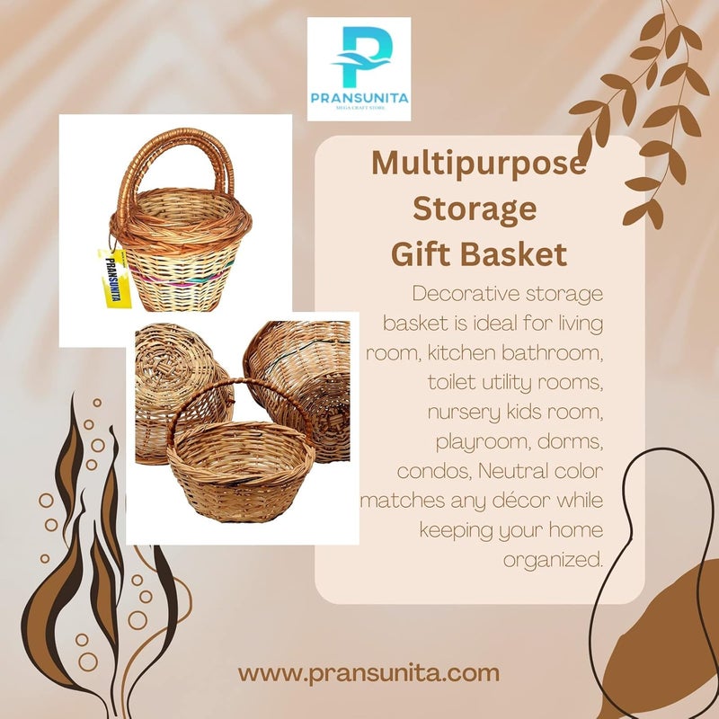 PRANSUNITA Decorative Multipurpose Storage and Gifting Round Kashmir Wicker Handle Basket Set of 3 Diffrent sizes - Image 3