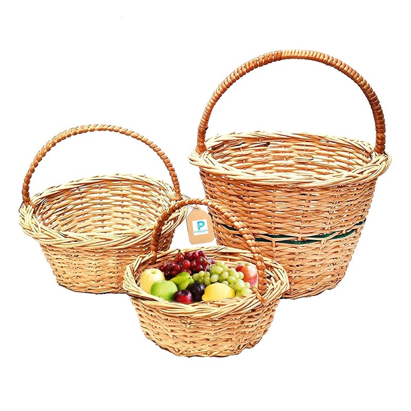 PRANSUNITA Decorative Multipurpose Storage and Gifting Round Kashmir Wicker Handle Basket Set of 3 Diffrent sizes - Image 1
