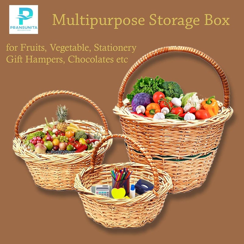 PRANSUNITA Decorative Multipurpose Storage and Gifting Round Kashmir Wicker Handle Basket Set of 3 Diffrent sizes - Image 4