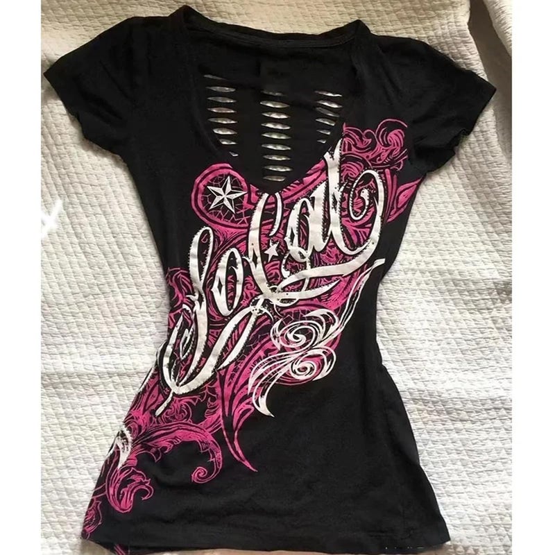 MANGMAO Emo Grunge Top Short Sleeve Y2k Shirts Vintage Streetwear Tops Women 2000s Fashion (Black Hot Pink,M,Medium) - Image 2