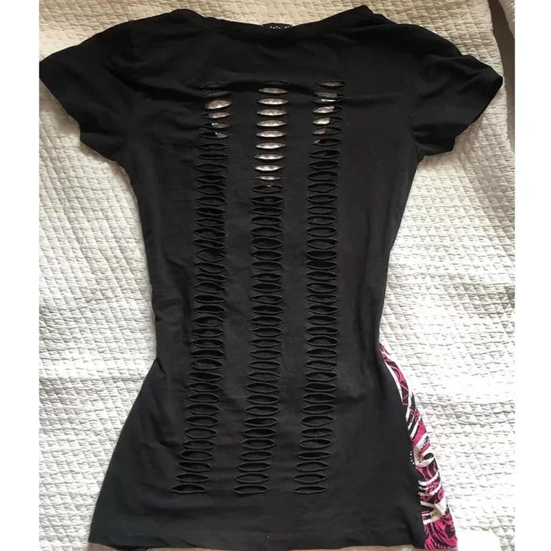MANGMAO Emo Grunge Top Short Sleeve Y2k Shirts Vintage Streetwear Tops Women 2000s Fashion (Black Hot Pink,M,Medium) - Image 3