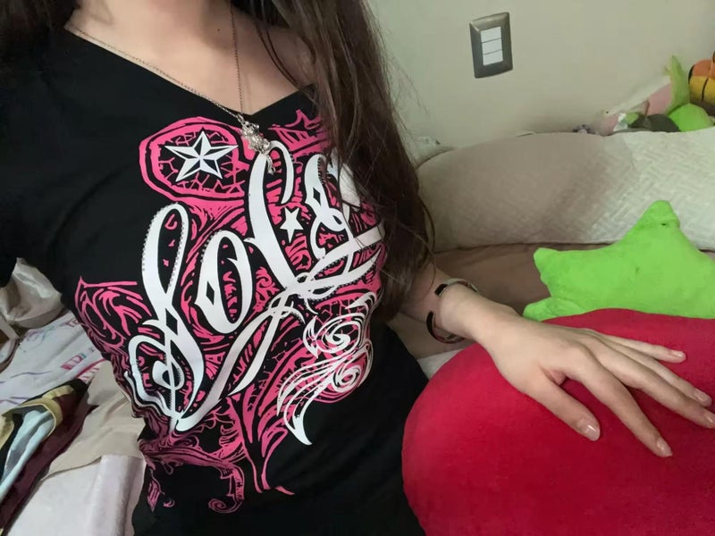 MANGMAO Emo Grunge Top Short Sleeve Y2k Shirts Vintage Streetwear Tops Women 2000s Fashion (Black Hot Pink,M,Medium) - Image 4