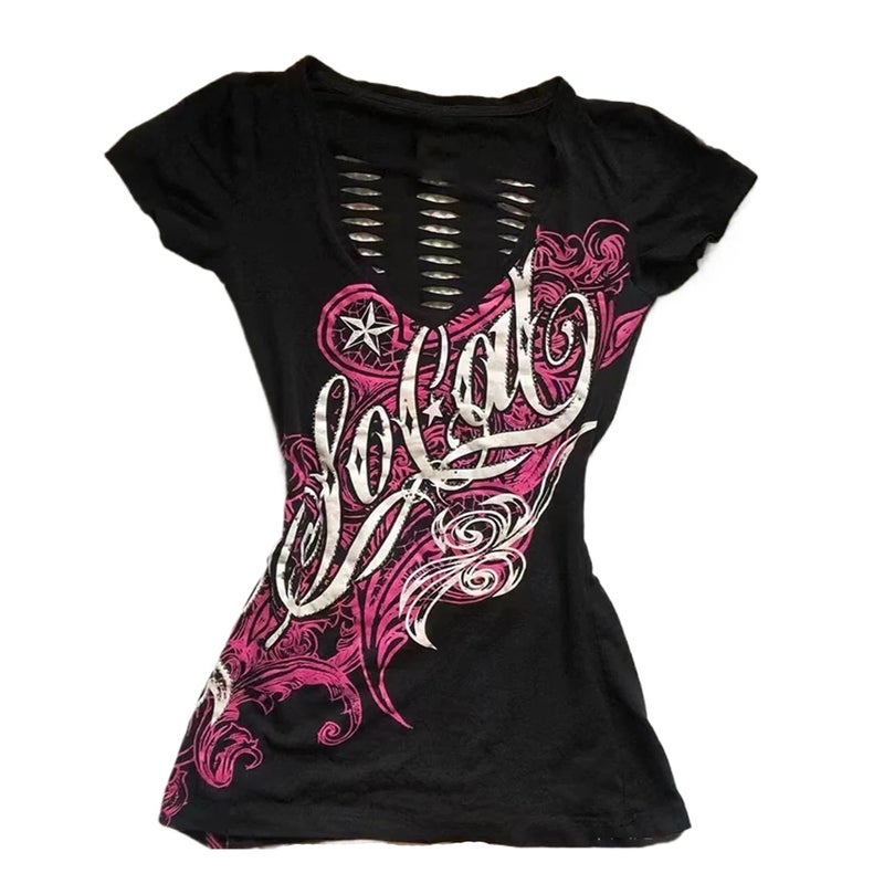 MANGMAO Emo Grunge Top Short Sleeve Y2k Shirts Vintage Streetwear Tops Women 2000s Fashion (Black Hot Pink,M,Medium) - Image 1