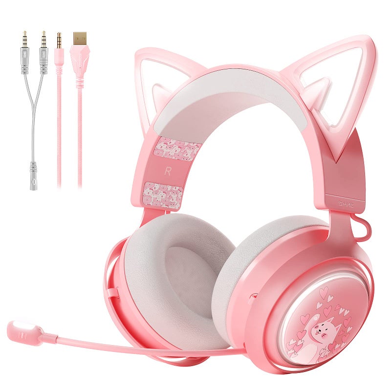 SOMIC GS510 Gaming Headset, Cat Ear Headset PC Gaming Headphones with Retractable Mic Noise Cancelling, Stereo Sound, DIY Face Covers for PC, PS4, PS5,Xbox One(Only White LED Light)-Pink - Image 1