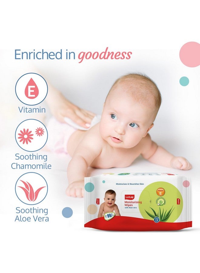 Luvlap مناديل مبللة مرطبة بدون غطاء لبشرة الأطفال، غنية بالألوة فيرا، فيتامين E ومستخلص البابونج، متوازنة الحموضة، آمنة جلدياً، خالية من البارابين والكبريتات، 72 منديل، عبوة من 6 - Image 3