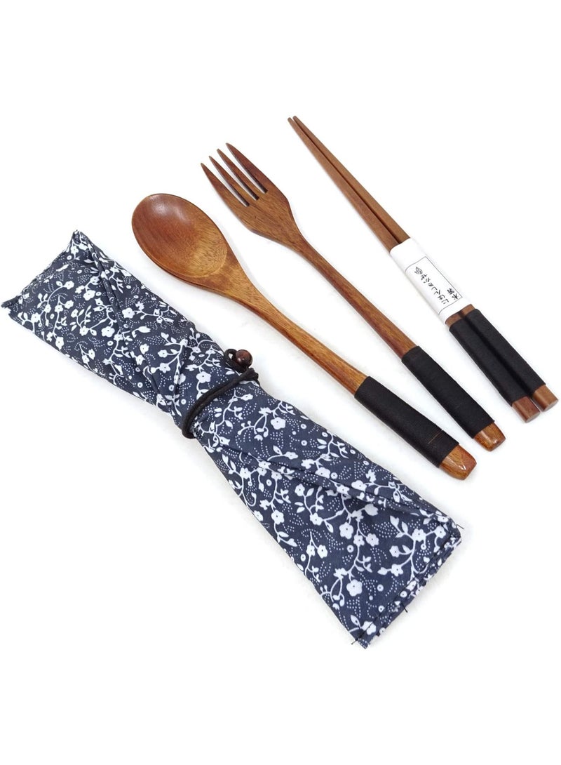 3PCS Japanese Style Eco-Friendly Wooden Flatware Set with a Retro Cloth Pouch for Travel, Picnic, Camping or Just for Daily Use -Spoon, Fork, Chopsticks - Image 4