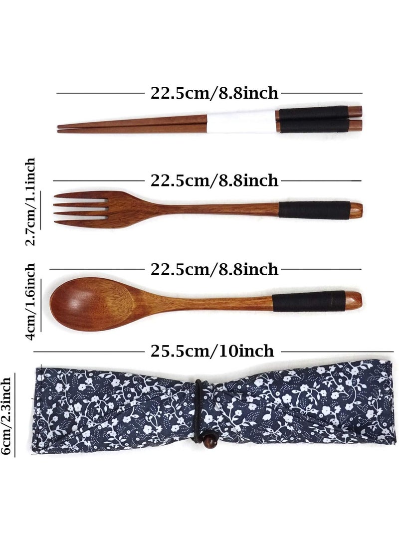 3PCS Japanese Style Eco-Friendly Wooden Flatware Set with a Retro Cloth Pouch for Travel, Picnic, Camping or Just for Daily Use -Spoon, Fork, Chopsticks - Image 2