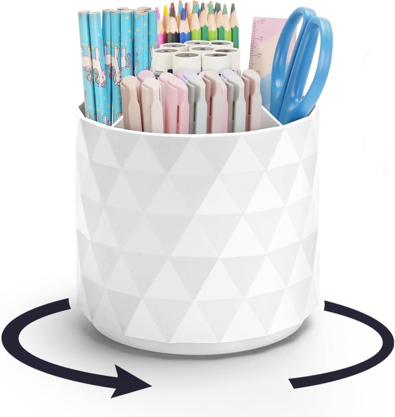 minimaliving Desk Organiser,Sparkling Diamond-like Pen Holder 360°Rotating Office Desk Accessories,Pen Pot with 5 Compartments Storage Box Caddy for Office,School,Home,Art Supply(White) - Image 1