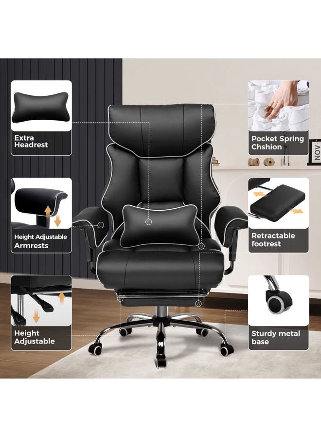 COMHOMA Big and Tall Office Chair 400lbs High Back Gaming Chair with Ergonomic Lumbar Support & Pocket Spring Cushion for Lower Back Pain Relief, Leather Executive Chair with Foot Rest, Iron Black - Image 5