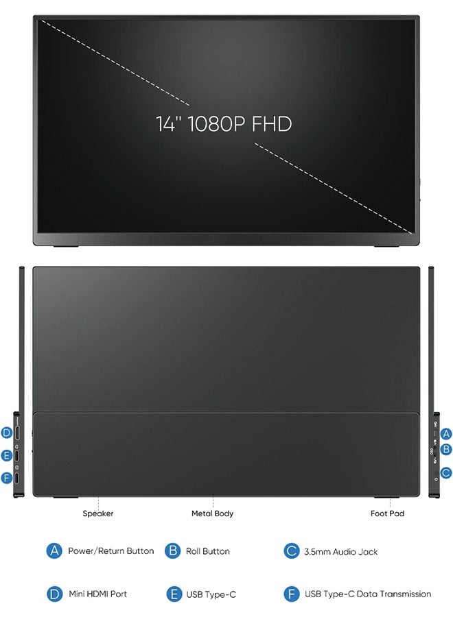 Portable Monitor, 14.0 Ultra Slim Portable Laptop Monitor FHD 1080P External Display with Dual Speakers Second Screen for Laptop PC Phone Xbox PS4/5 Switch  - Image 4