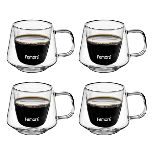 Femora Double Wall Glass Tea Cups, 200 Ml, Insulated Tea & Coffee Cups, Hot & Cold Drinks, Coffee, Tea, Milk, Cappuccino, Juice, Microwave Safe, Stylish Espresso Chocolate Beverage, Pack of 4 - Image 1