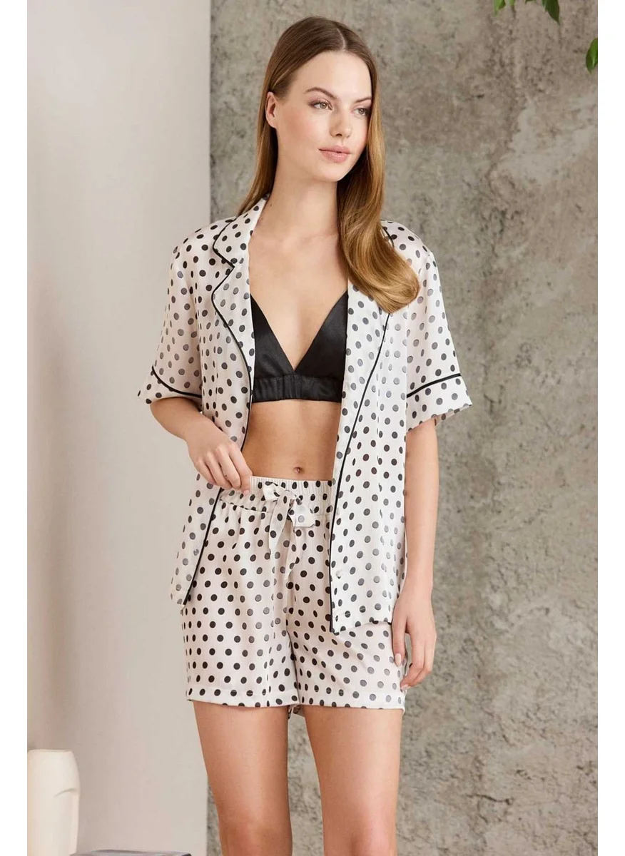 بيير كاردان 1225 Women's Printed Satin 3-Piece Shorts Set-Black
