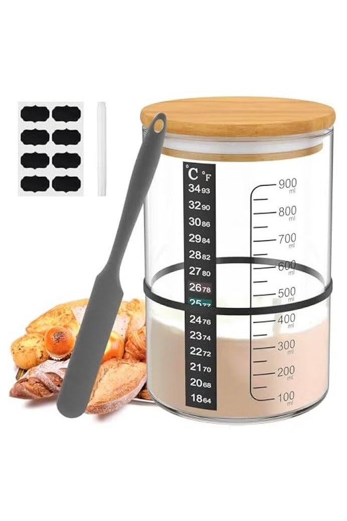 HOOKOR with Wooden Lid 900ml Sourdough Starter Container Wide Mouth Clear Glass Sourdough Starter Jar with Temperature Paper Spatula Rubber String Labels Pen for Baking Bread