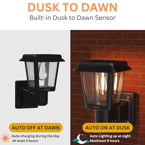 XERGY® Solar Outdoor Wall Mount Lantern Sconce, Black Finish, Weather Resistant, Clear Glass, Porch Light, Exterior Lighting Fixture, Outdoor Solar Wall Lights for House, Bolcany, Garage (Warm White) - Image 3