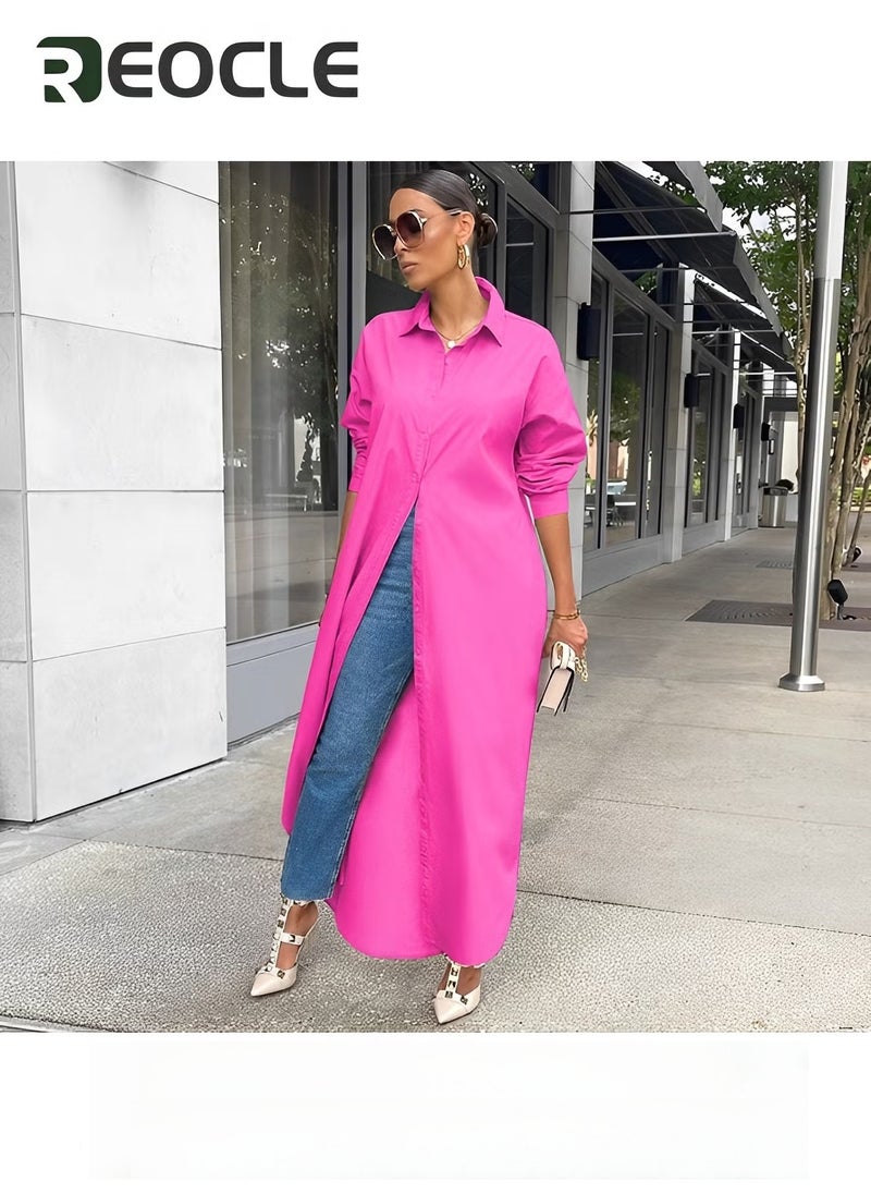 REOCLE Women's Large Size Shirt Dress Casual Loose Long Sleeve Button Long Skirt Slit Shirt Dress - Image 5