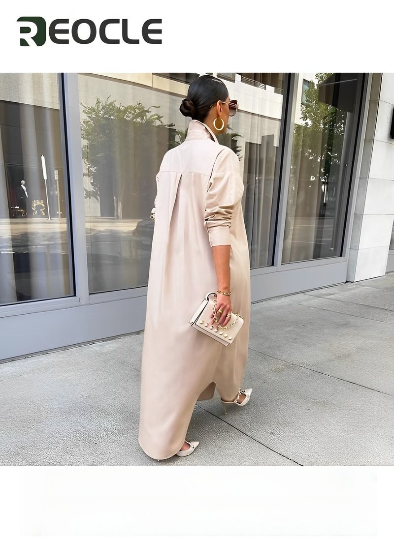 REOCLE Women's Large Size Shirt Dress Casual Loose Long Sleeve Button Long Skirt Slit Shirt Dress - Image 2