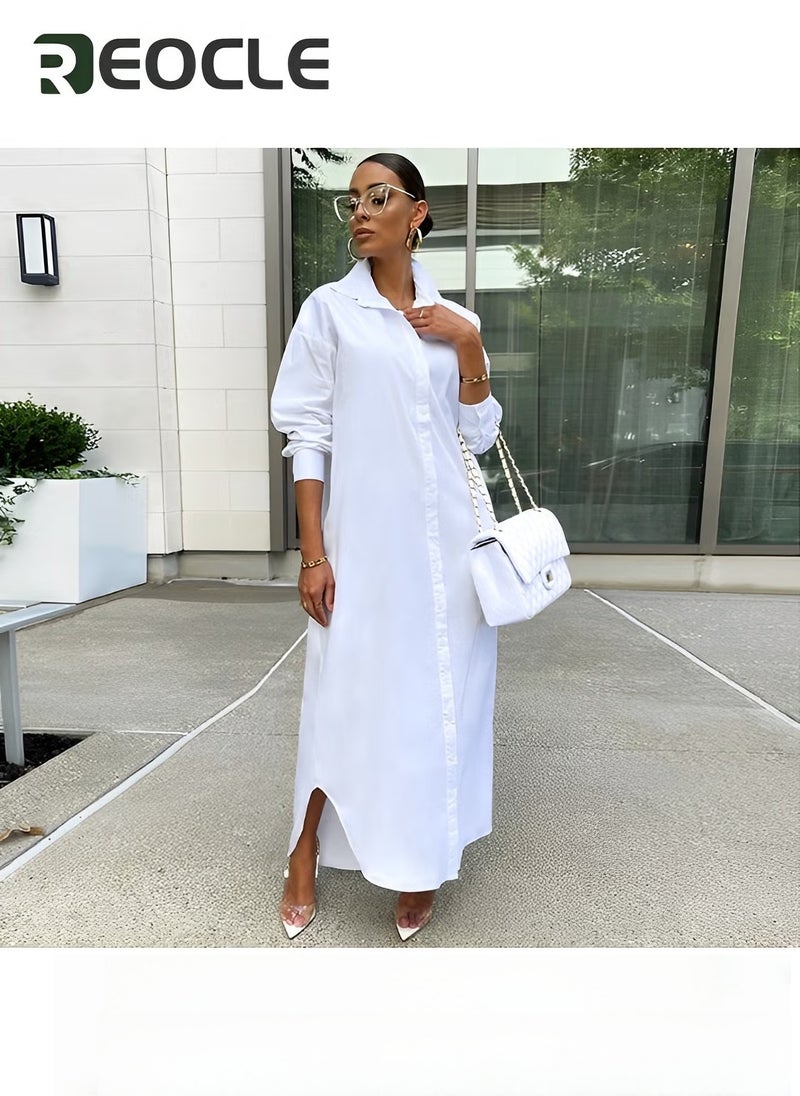 REOCLE Women's Large Size Shirt Dress Casual Loose Long Sleeve Button Long Skirt Slit Shirt Dress - Image 4