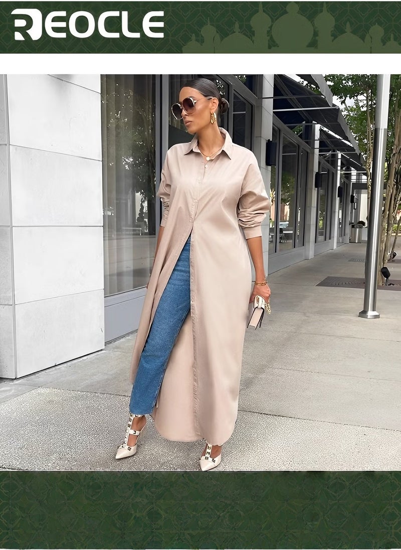 REOCLE Women's Large Size Shirt Dress Casual Loose Long Sleeve Button Long Skirt Slit Shirt Dress - Image 1