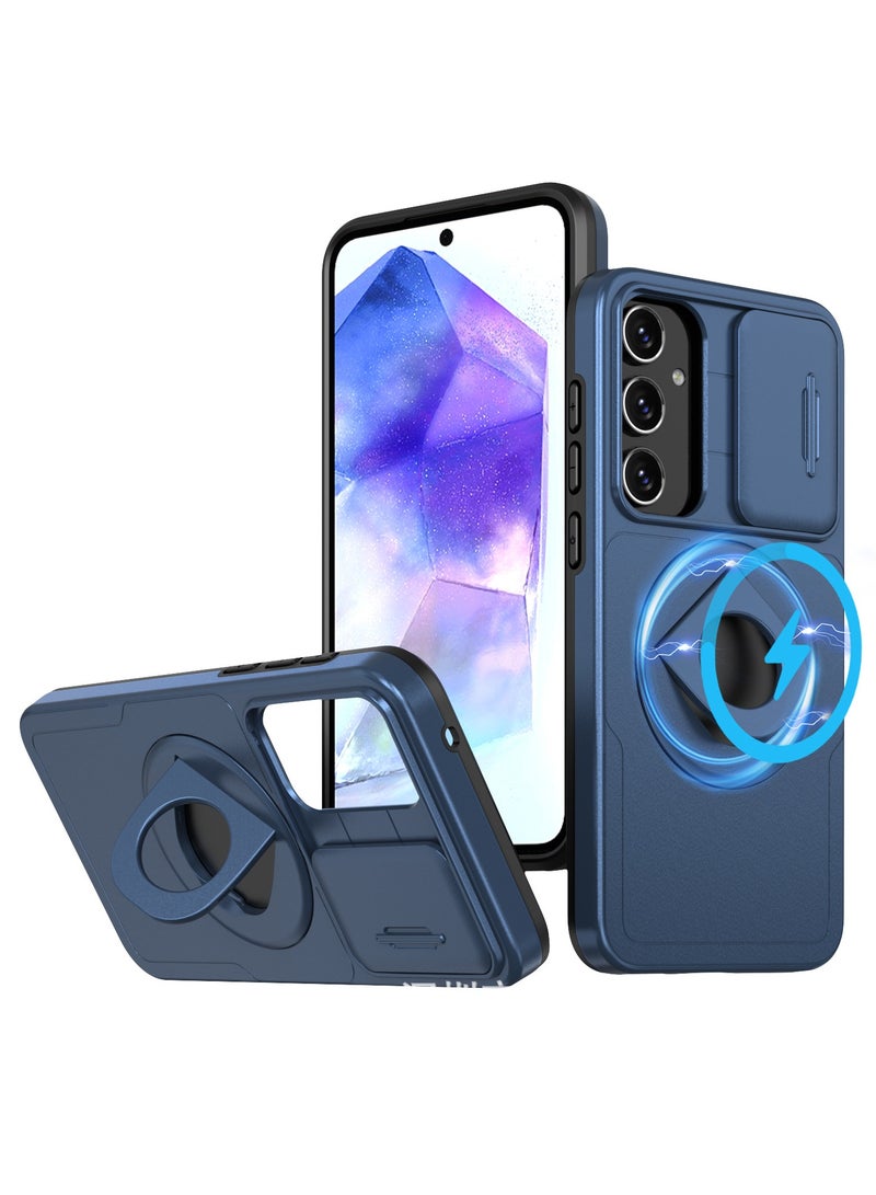 حافظة مغناطيسية متوافقة مع Galaxy A55 5G 【متوافقة مع Mag-safe】، حماية عسكرية المستوى، مقاومة للصدمات، صلبة، مزودة بغطاء كاميرا منزلق وحافظة رأسية دوارة 360 درجة.
