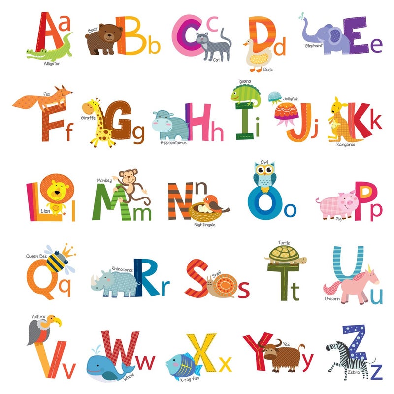 DECOWALL DS48002 Animal Alphabet Kids Wall Stickers Wall Decals Peel and Stick Removable Wall Stickers for Kids Nursery Bedroom Living Room Small Decor