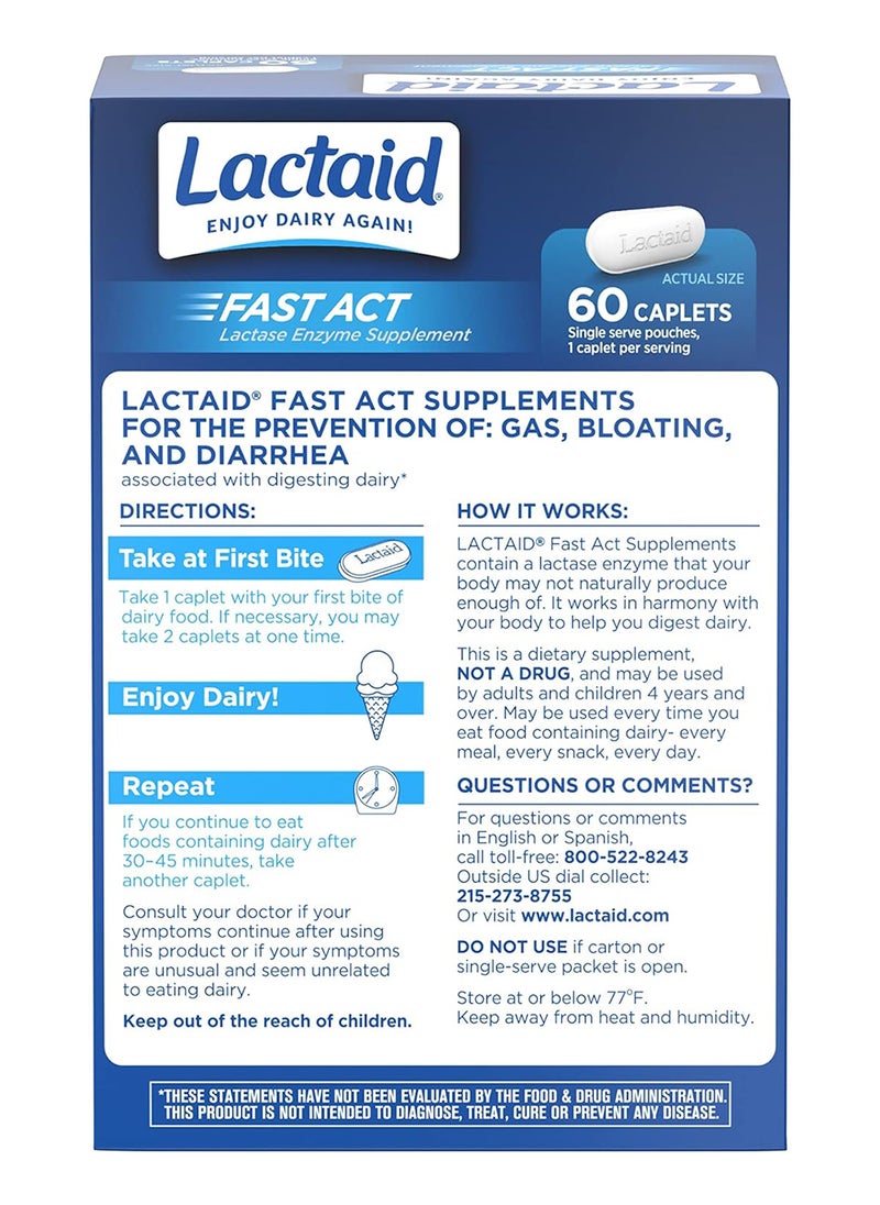 Relief Caplets Lactase Enzyme To Prevent Gas Bloating And Diarrhea Due To Lactose Sensitivity Supplements 60 Packs Of 1Ct
