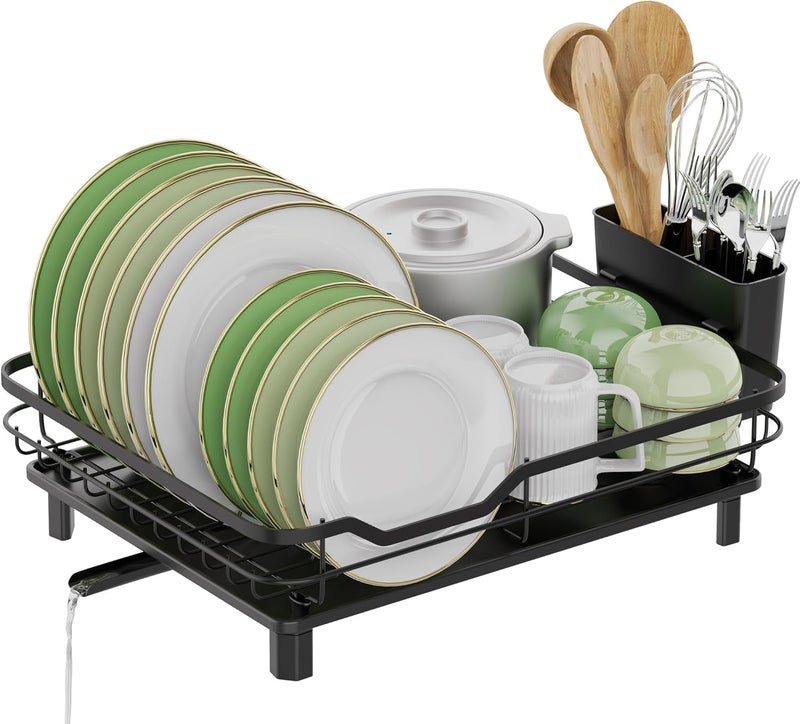 Dish Rack, Space-Saving Dish Rack with Cutlery Tray, Kitchenware Stand, 360° Rotating Sink, Drip Stand, Suitable for Kitchen Tabletop, Black