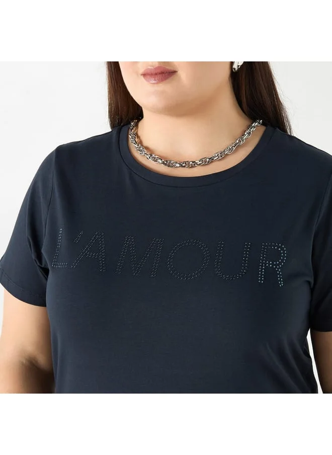 Ulla Popken Plus Size Ulla Popken Embellished T-shirt with Short Sleeves