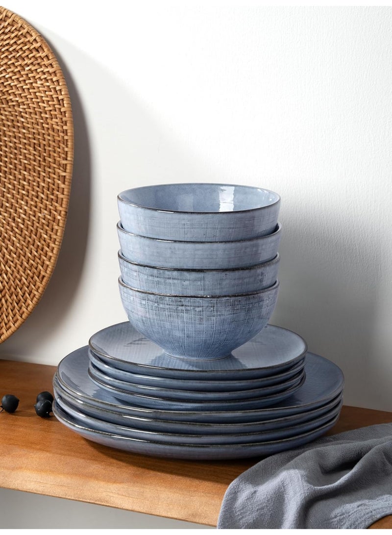 Famiware Moonlight 18 Piece Stoneware Dinnerware Set with Linen Finish, Set for 6, Scratch Resistant, Microwave & Dishwasher Safe, Blue  - Image 3