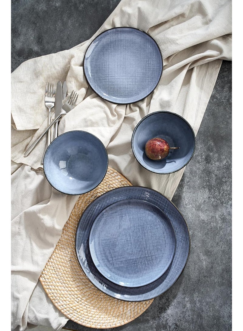 Famiware Moonlight 18 Piece Stoneware Dinnerware Set with Linen Finish, Set for 6, Scratch Resistant, Microwave & Dishwasher Safe, Blue  - Image 2