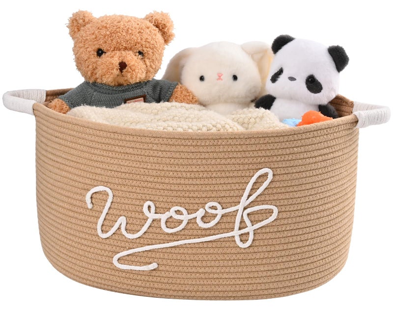 Degeyoyo Woof Dog Toy Basket, Large Dog Toy Storage Bin with Durable Handles, Woven Dog Basket for Blankets, Toys, Chews, Pet Toy Storage Box for Nursery, Living Room, Bedroom, 17â€x12â€x9, Beige - Image 1