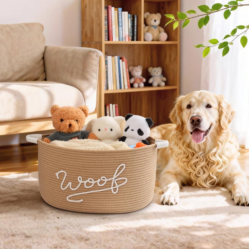 Degeyoyo Woof Dog Toy Basket, Large Dog Toy Storage Bin with Durable Handles, Woven Dog Basket for Blankets, Toys, Chews, Pet Toy Storage Box for Nursery, Living Room, Bedroom, 17â€x12â€x9, Beige - Image 2
