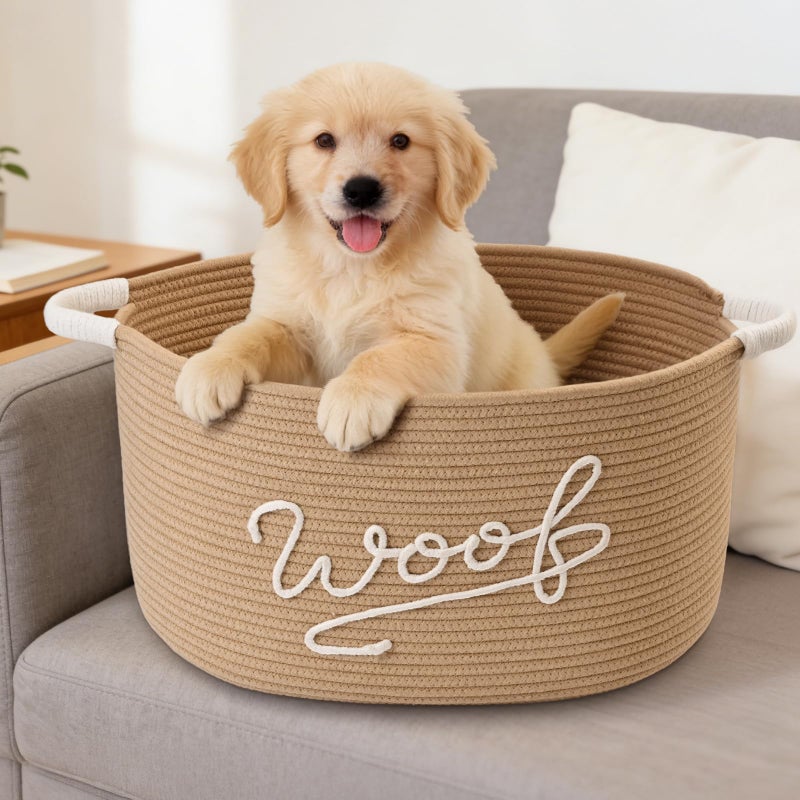 Degeyoyo Woof Dog Toy Basket, Large Dog Toy Storage Bin with Durable Handles, Woven Dog Basket for Blankets, Toys, Chews, Pet Toy Storage Box for Nursery, Living Room, Bedroom, 17â€x12â€x9, Beige - Image 5