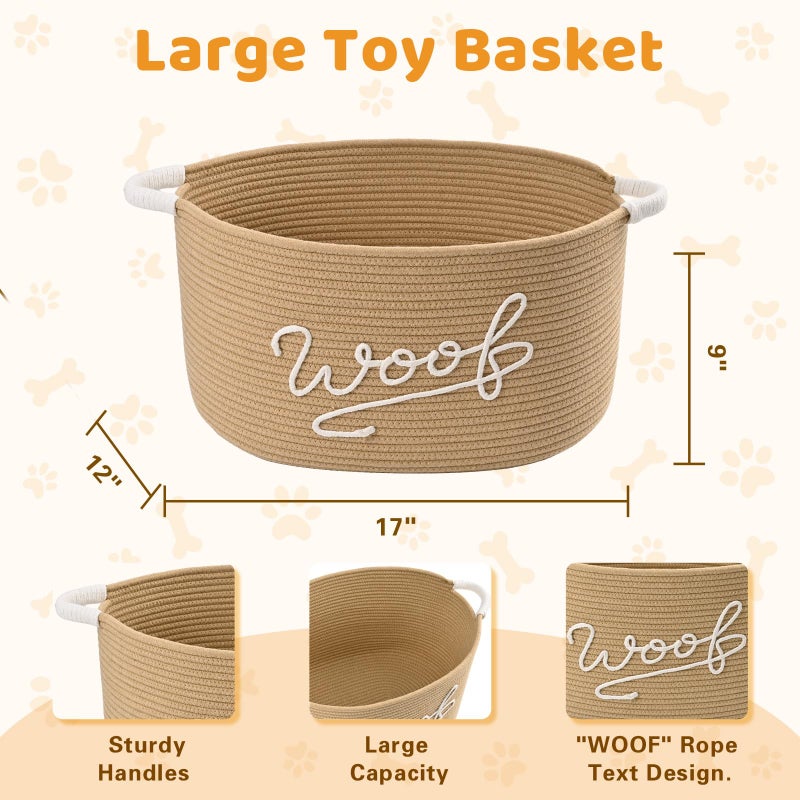 Degeyoyo Woof Dog Toy Basket, Large Dog Toy Storage Bin with Durable Handles, Woven Dog Basket for Blankets, Toys, Chews, Pet Toy Storage Box for Nursery, Living Room, Bedroom, 17â€x12â€x9, Beige - Image 3