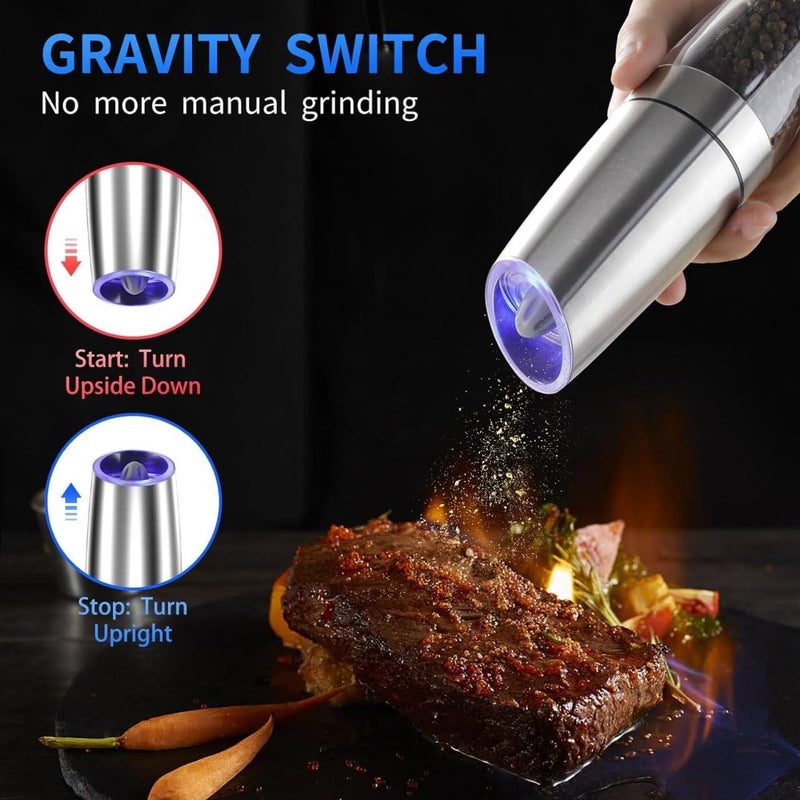DREWIT STAR Gravity Electric Salt and Pepper Grinder Adjustable Coarseness Automatic Mill Grinder Battery Powered with Blue LED Light One Hand Operated - Image 2