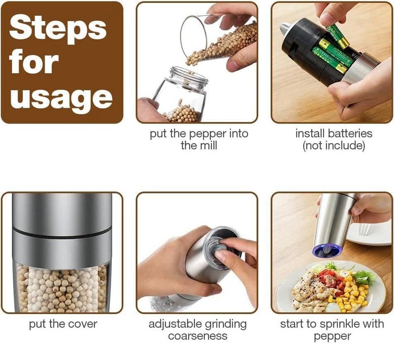 DREWIT STAR Gravity Electric Salt and Pepper Grinder Adjustable Coarseness Automatic Mill Grinder Battery Powered with Blue LED Light One Hand Operated - Image 5