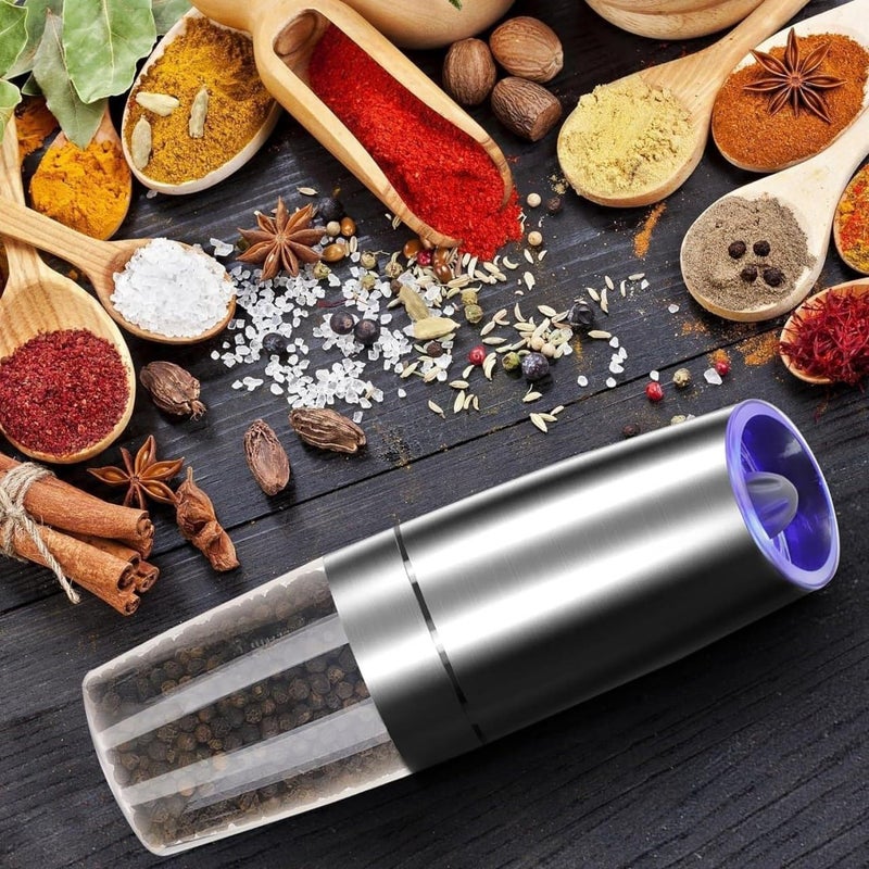 DREWIT STAR Gravity Electric Salt and Pepper Grinder Adjustable Coarseness Automatic Mill Grinder Battery Powered with Blue LED Light One Hand Operated - Image 4